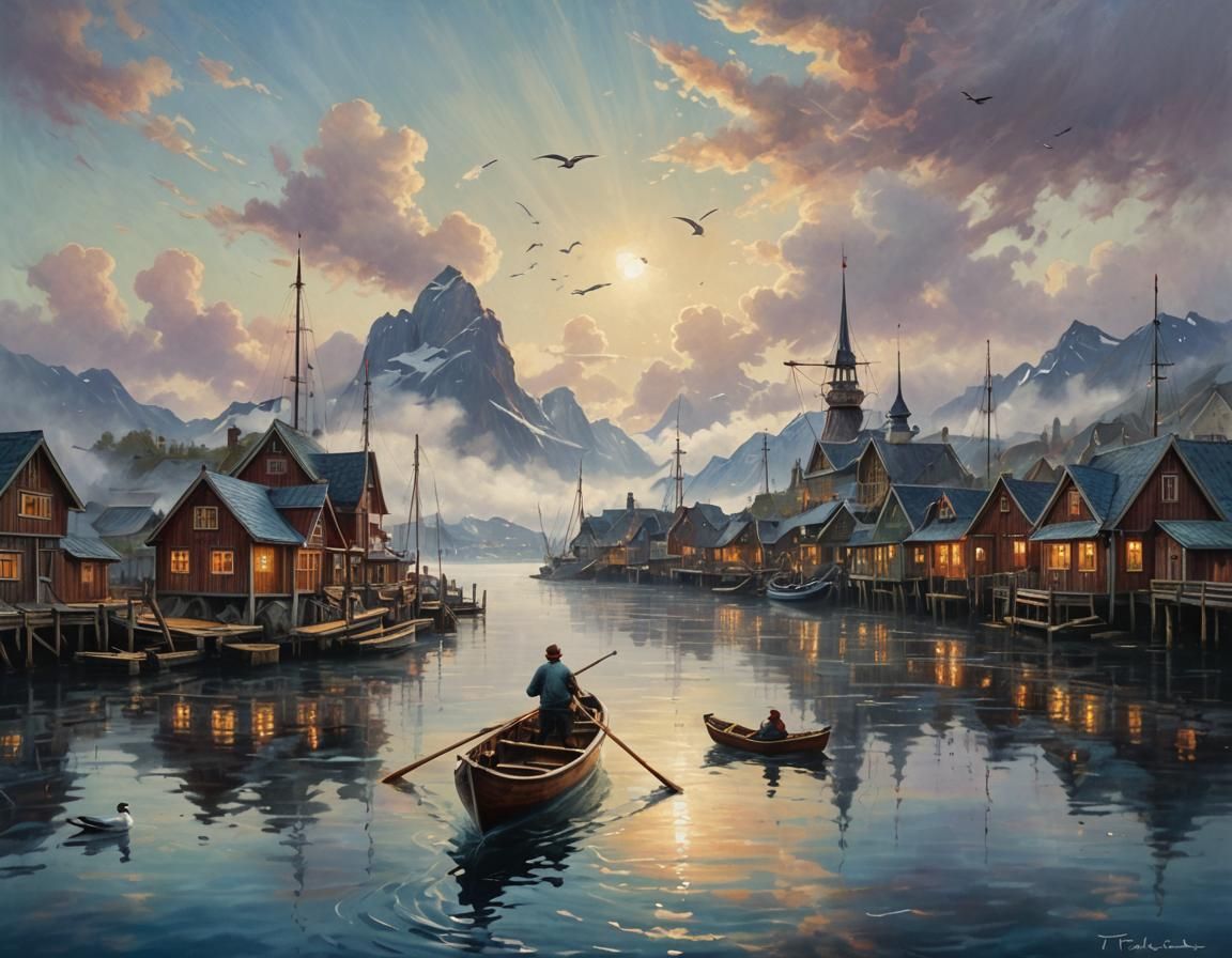 Reine Norway: Art Nouveau Oil Painting