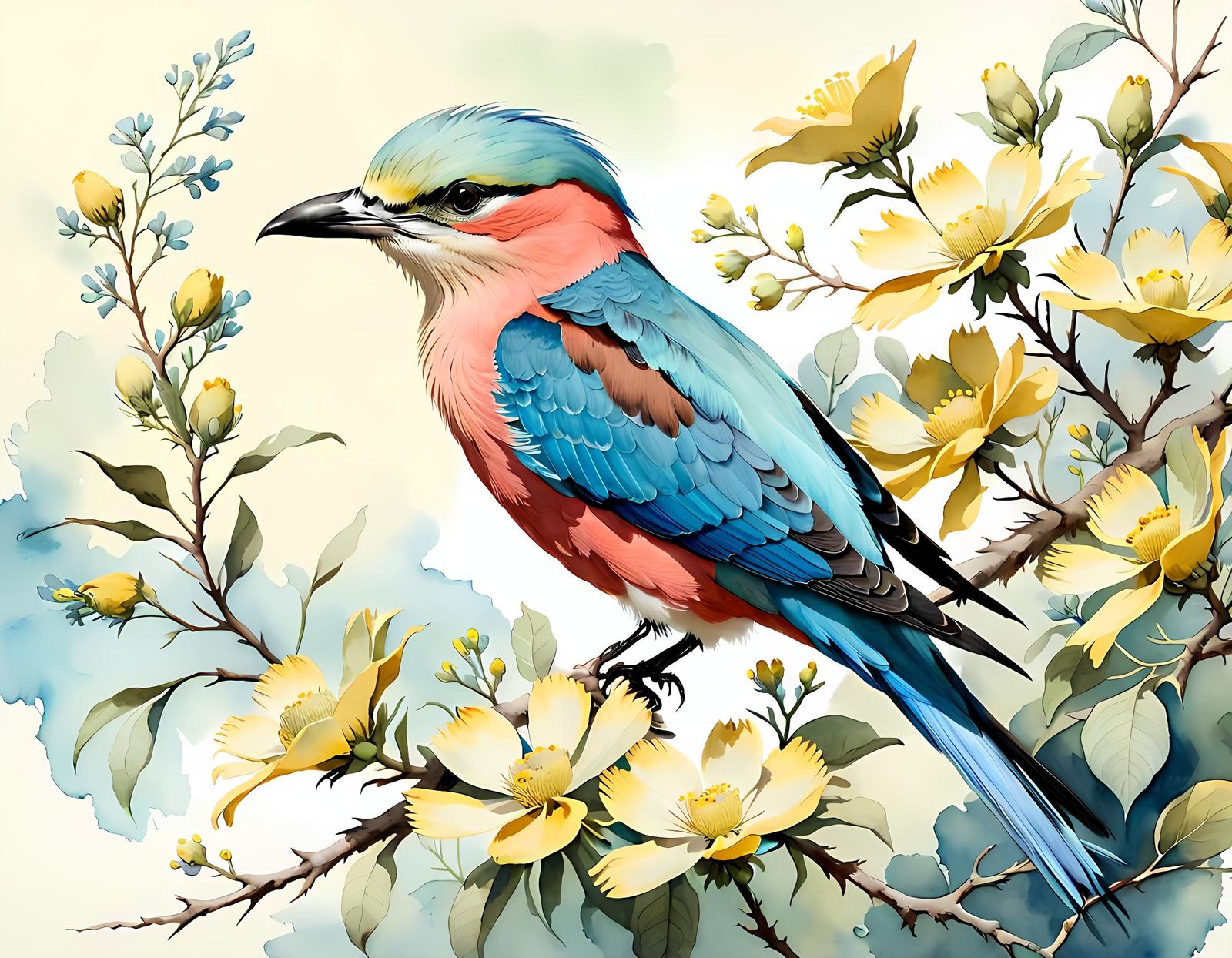 Coral Breasted Roller Bird Watercolor Illustration