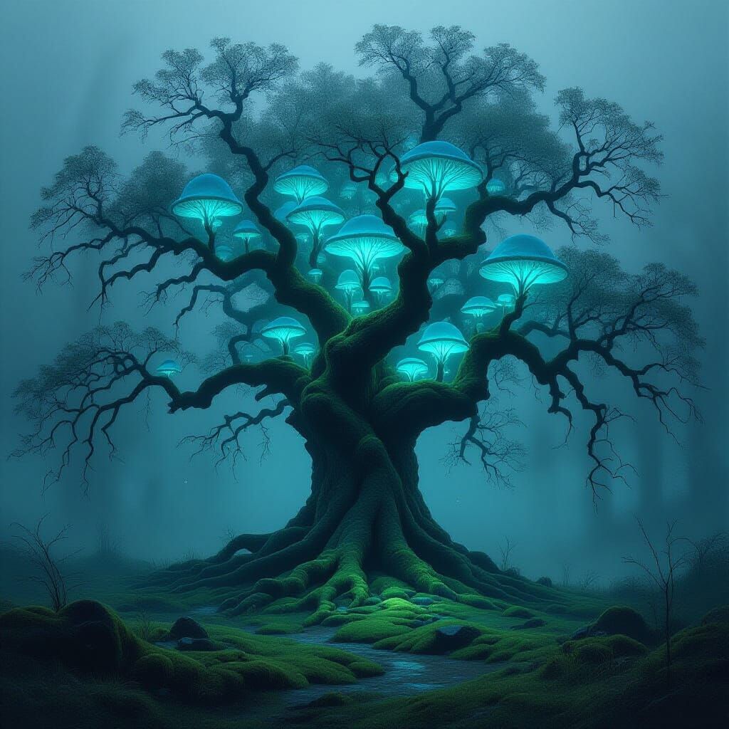 Ancient Oak in Misty Forest with Bioluminescent Fungi Glow
