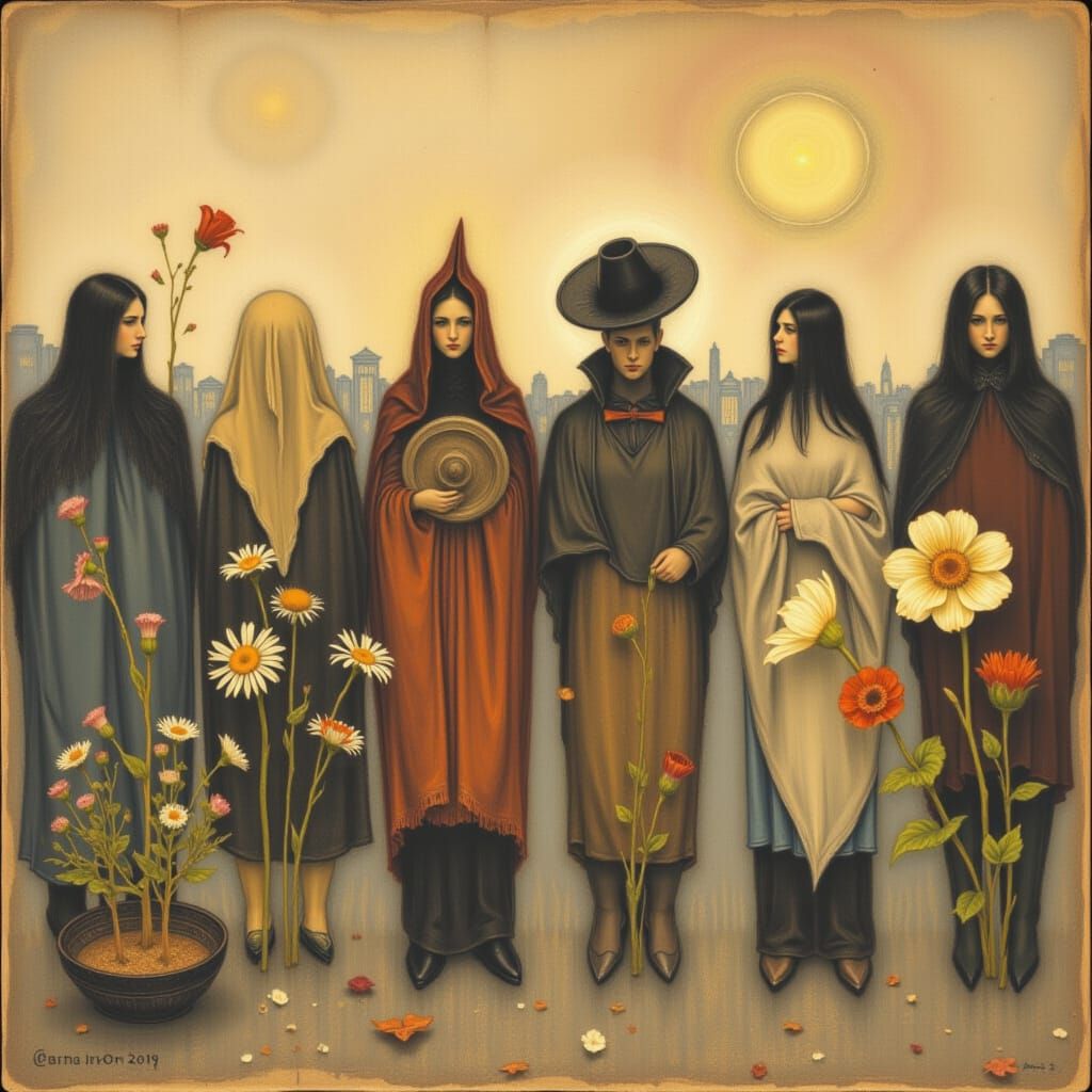 Mysterious Figures in Urban Cloaks with Symbols