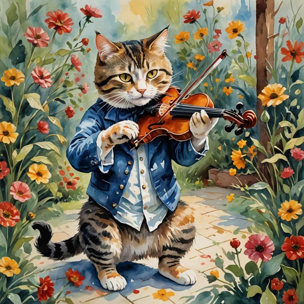 Cat Playing Fiddle in Gouache Watercolor Style