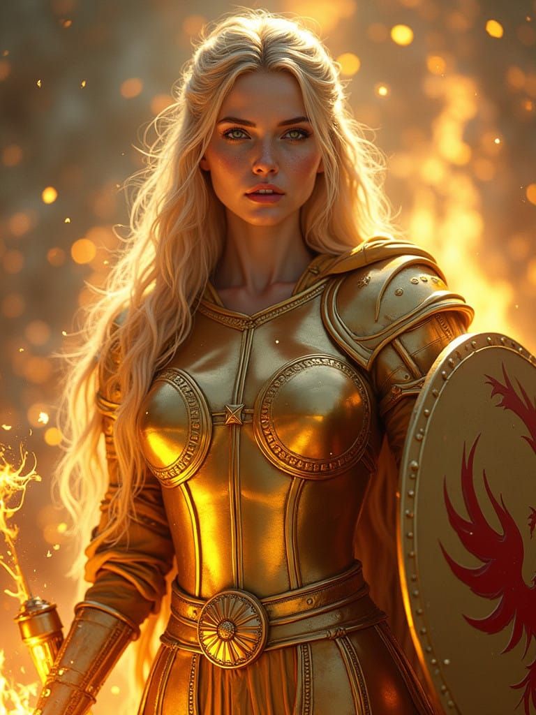 Serene Goddess in Radiant Gold Armor with Flaming War Hammer