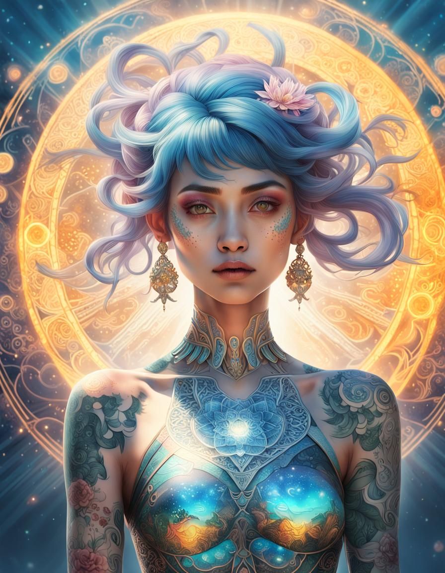 Celestial Tattooed Woman in Gouache Style