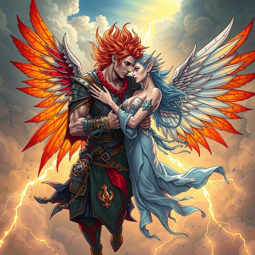 Tender Moment Between Fire Genasi and Celestial Elf in a Swi...