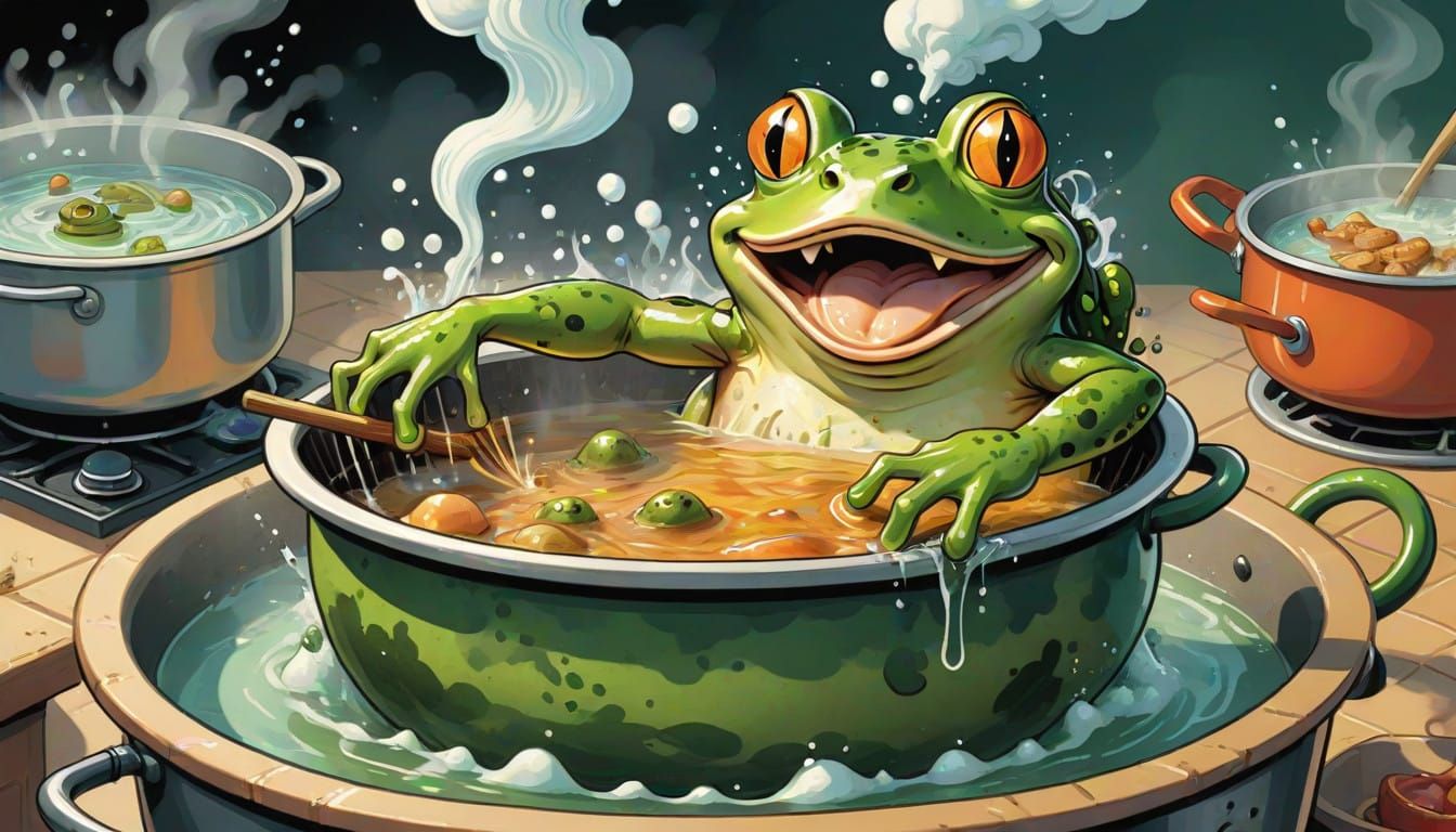 Frog's Boiling Nightmare in Whimsical Comic Book Style