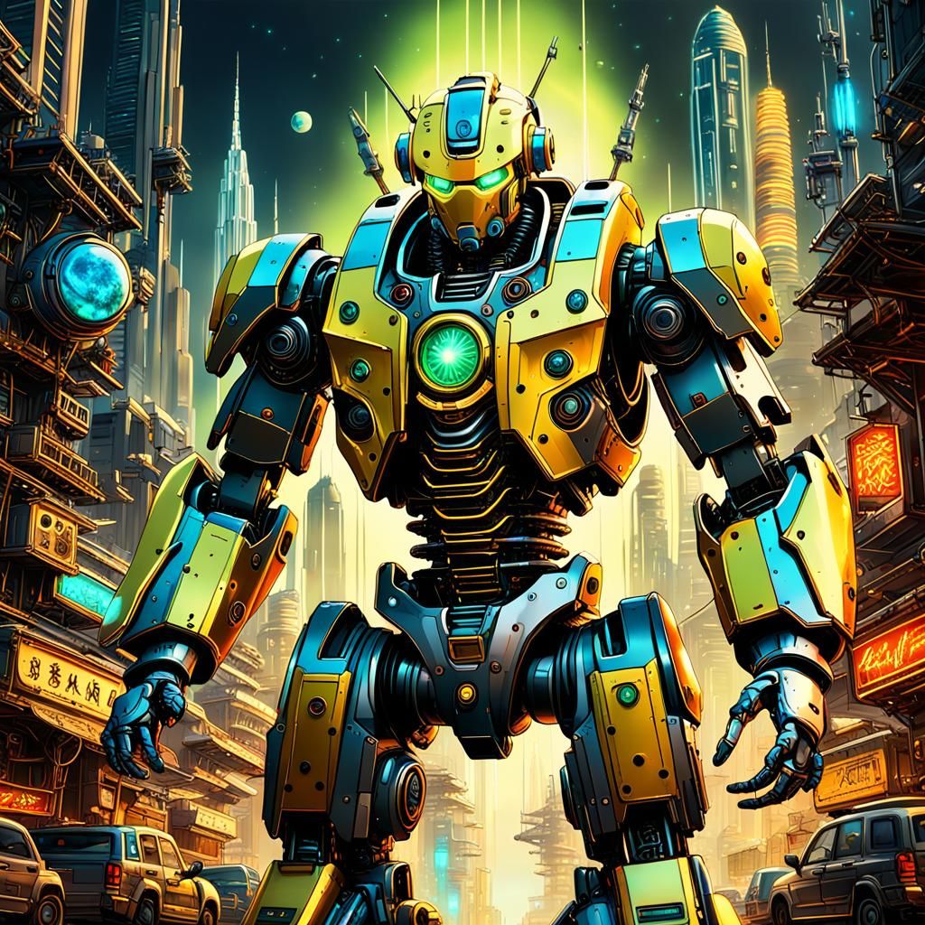 Detailed Steampunk Robot in Dubai: Neon Digital Art