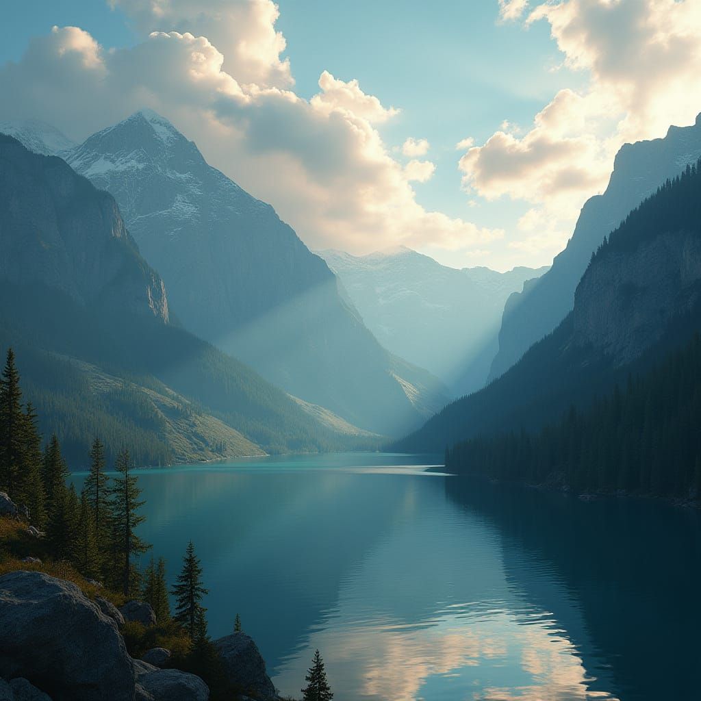 Majestic Mountains Over Serene Lake: Cinematic Film Still