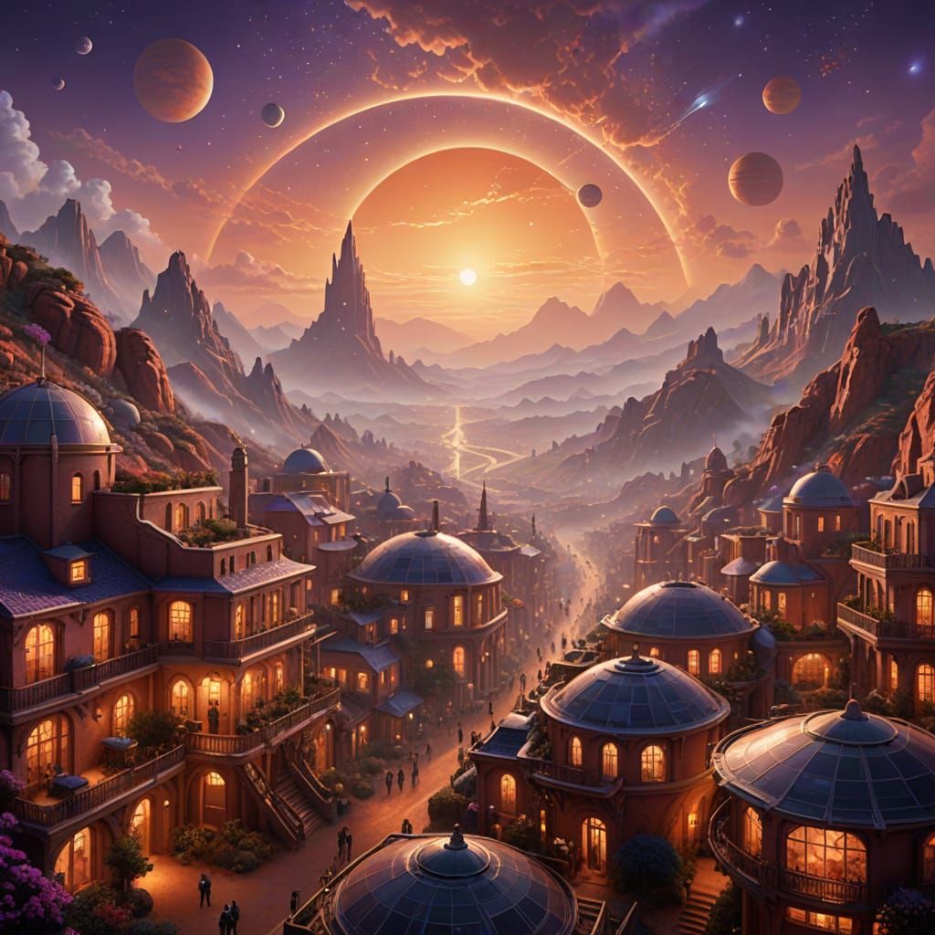 Ethereal Martian Colony With Warm Glowing Lights