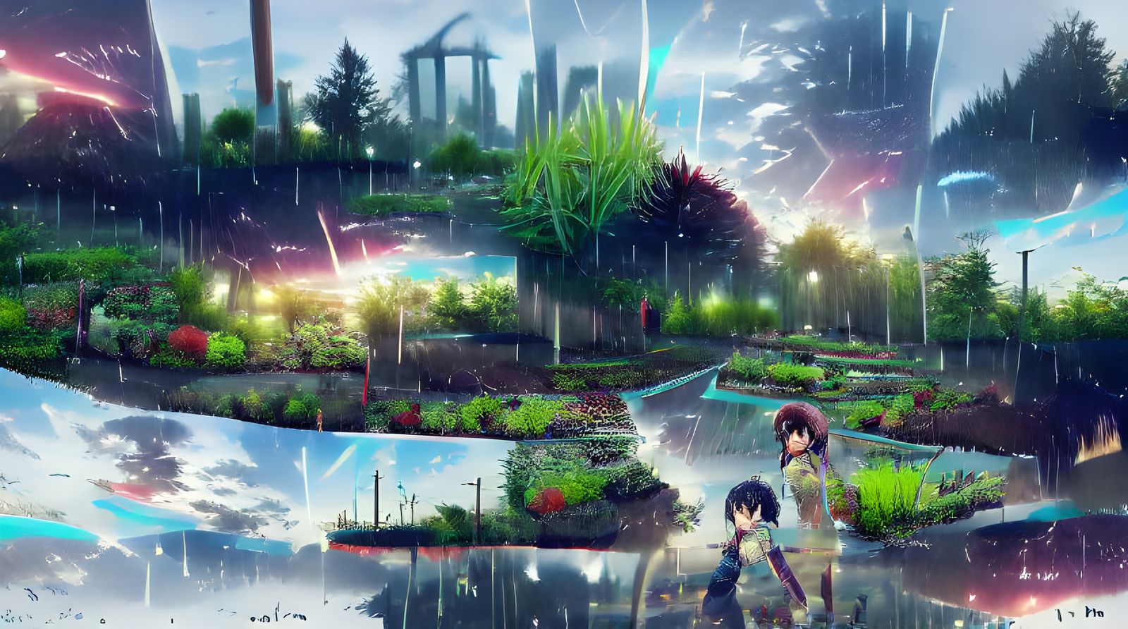 Anime Garden Landscape in Rain, 8K Resolution