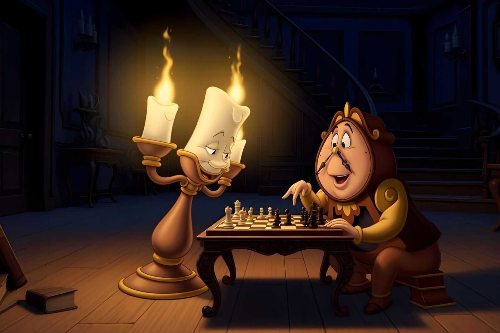 Enchanted Candelabra and Clock Play Chess in Dim Foyer