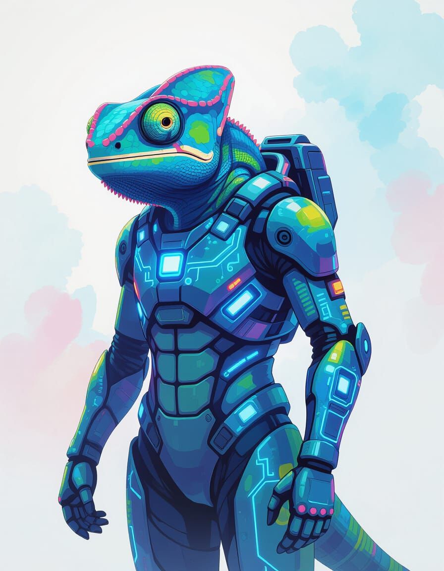 Cyborg Chameleon in Futuristic Exosuit
