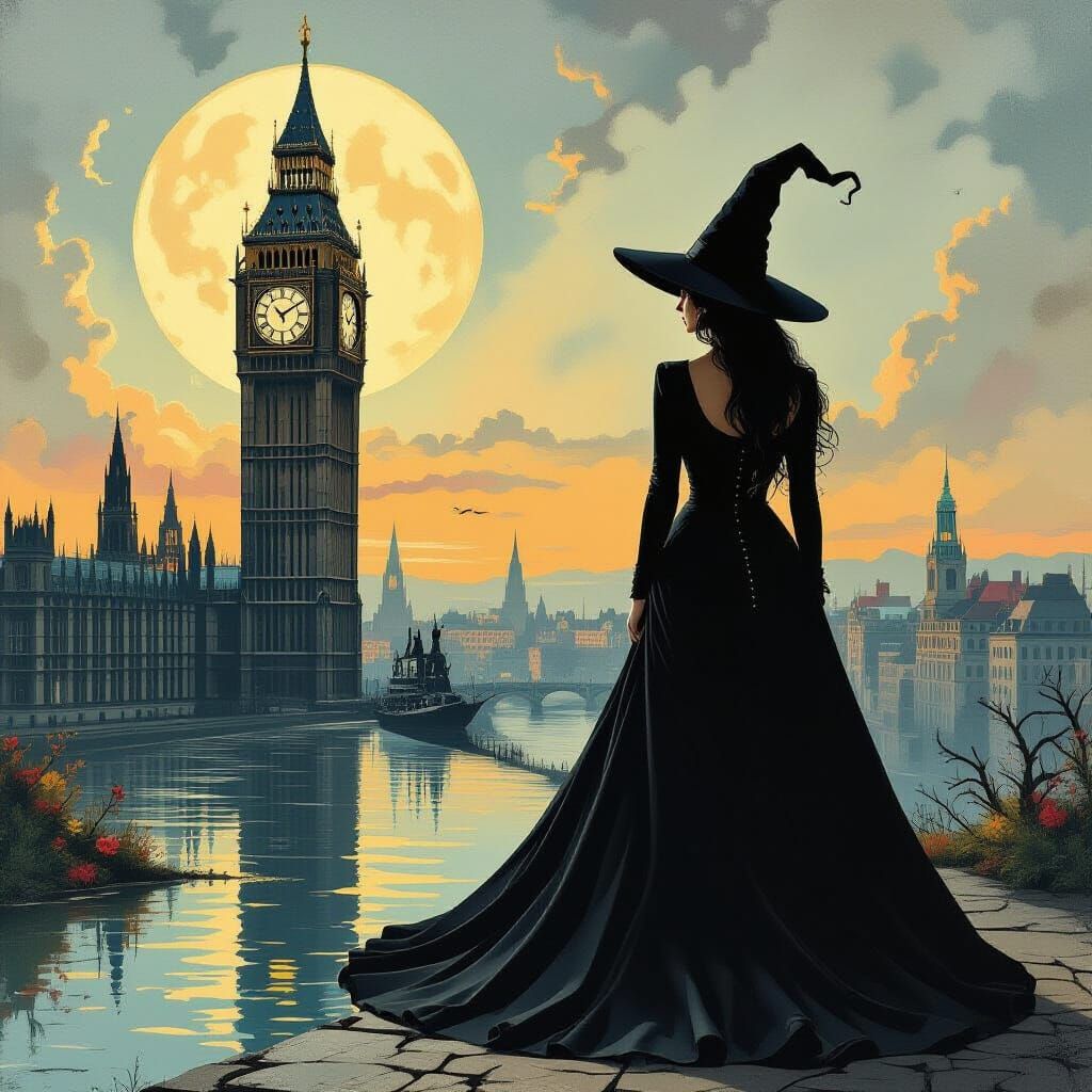Surrealist Witch in Melting Clock Tower Landscape