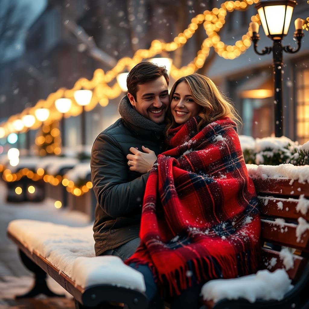 Cozy Winter Love Scene with Holiday Lights