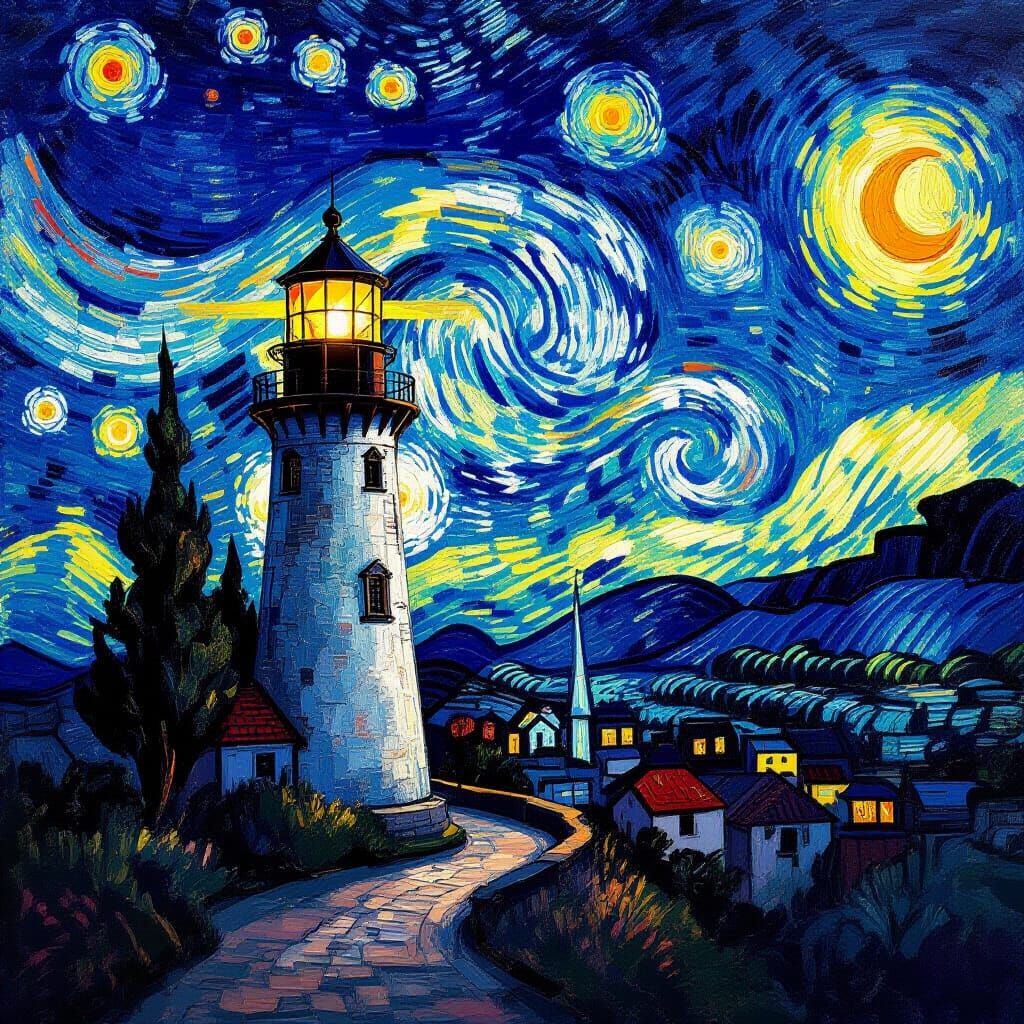 Golden Lighthouse Piercing Starry Night Sky