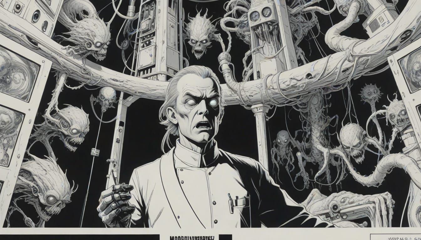 Ominous Mad Scientist Confronted by Monstrous Creations