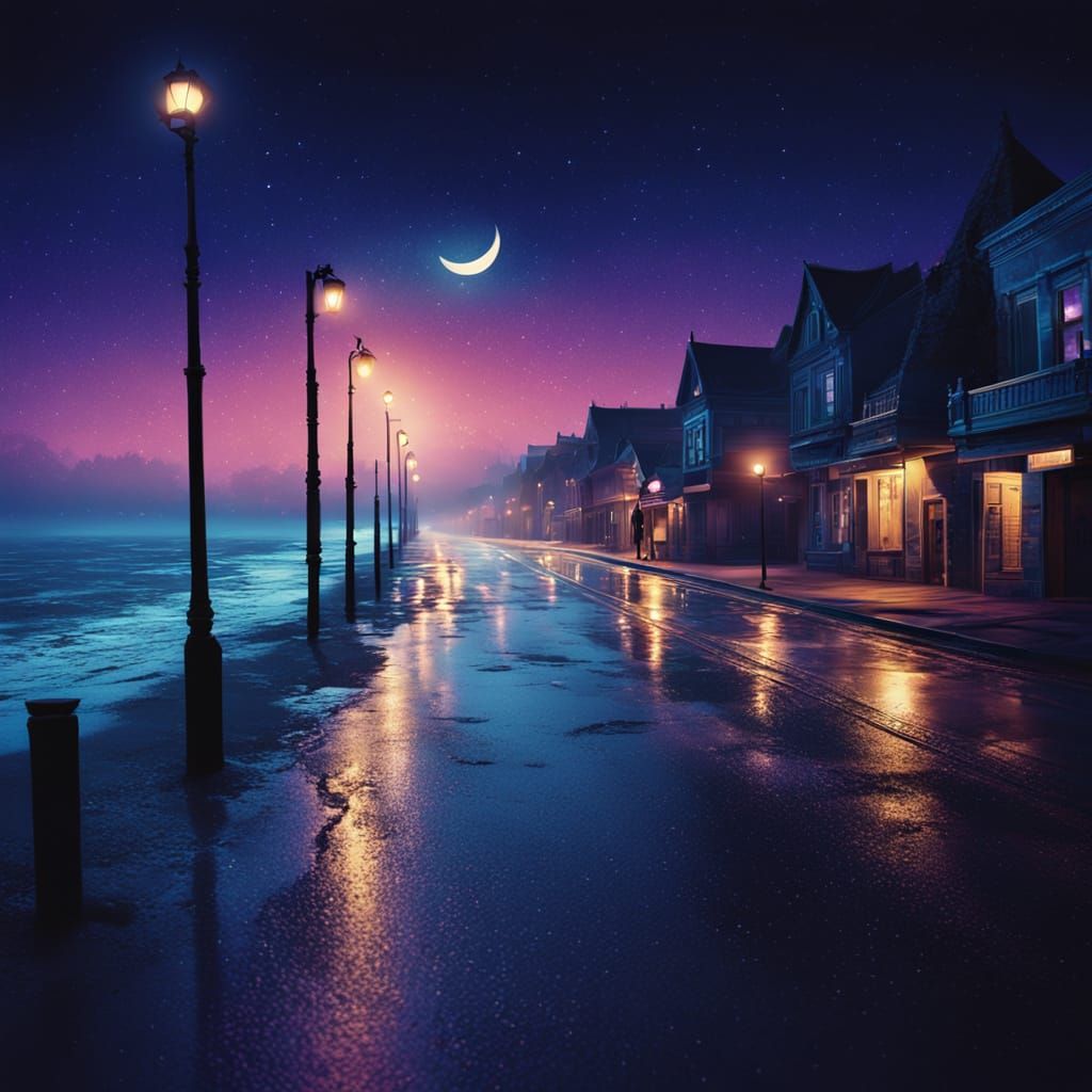 Mysterious Seaside Boulevard Under Enchanting Moonlight