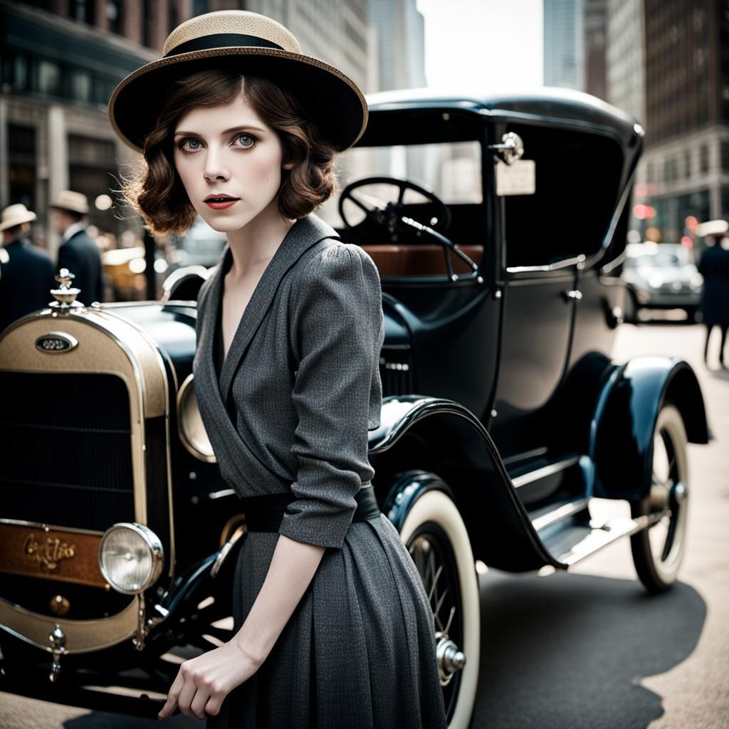 Anna Kendrick with Model T Ford in Art Deco Chicago