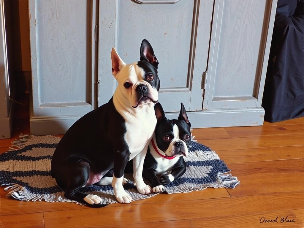 Boston Terriers by Stream in Classic Painting Style