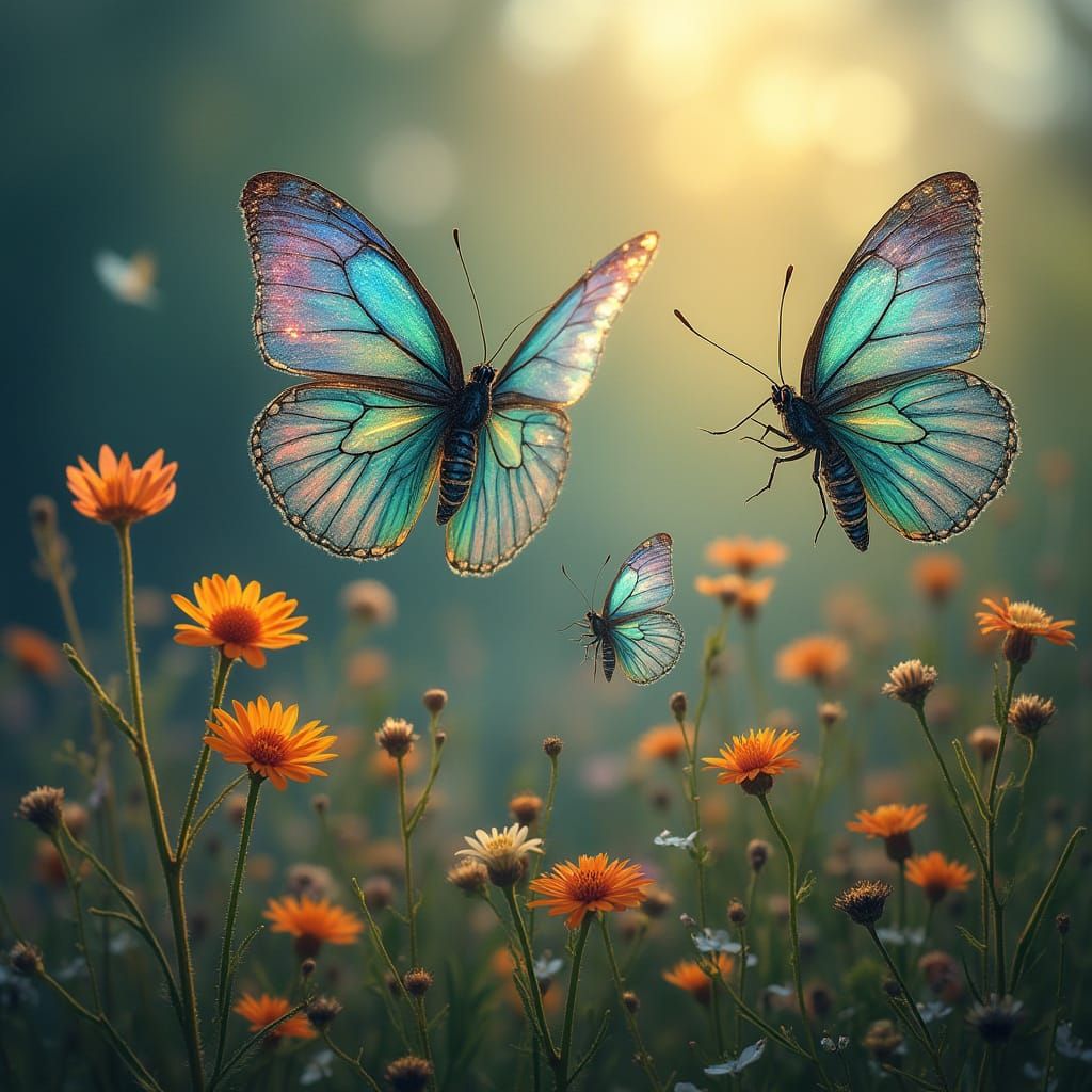 Iridescent Butterflies Dance in Dusk's Golden Glow, as Impre...