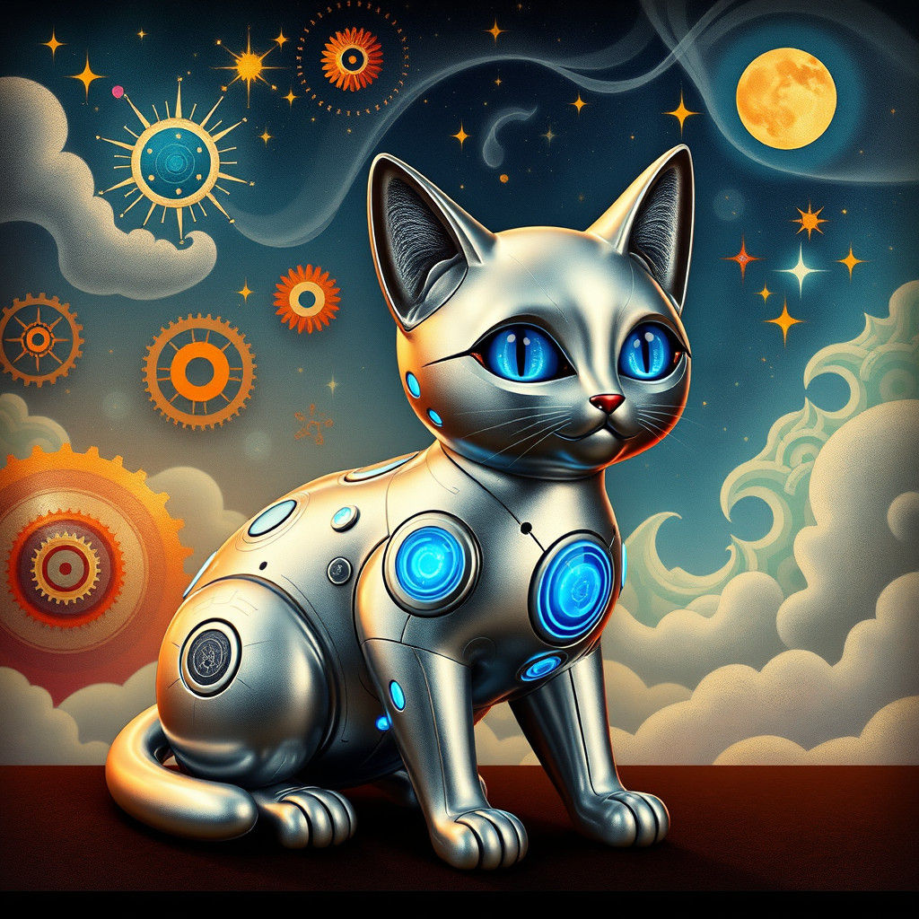 Metallic Toy Cat in Surreal Dreamscape, Futuristic Art