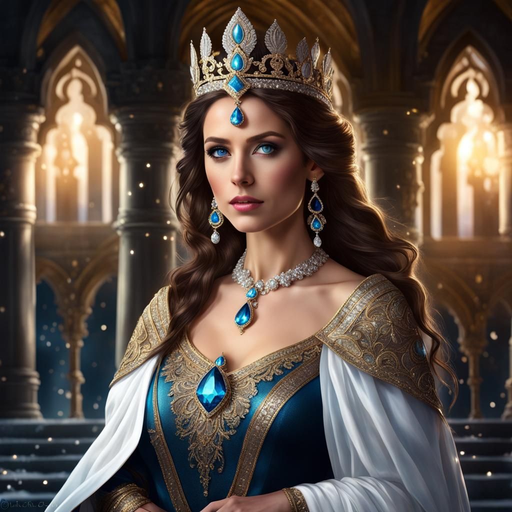 Majestic Queen at Crystal Castle, Hyperdetailed Charcoal Art