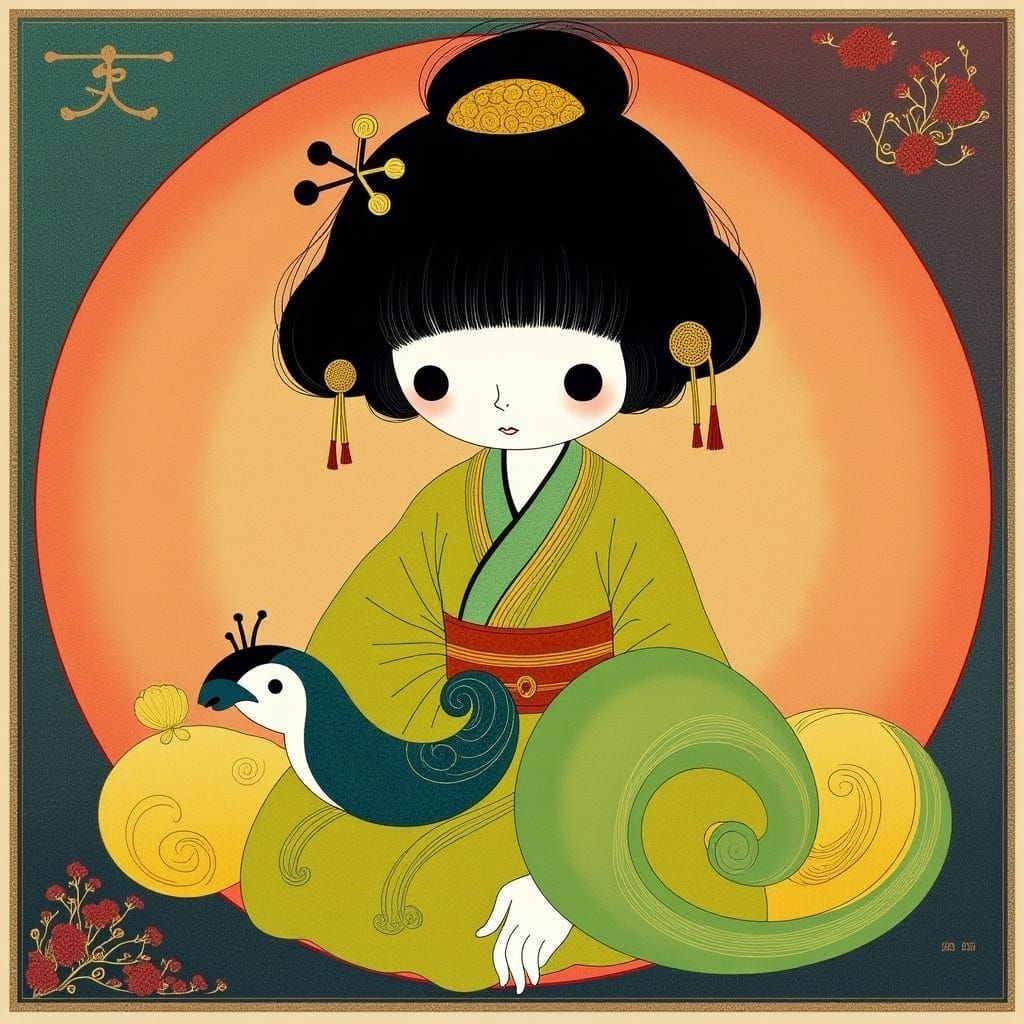 Ichimatsu Doll with Bird in Ukiyo-e Style