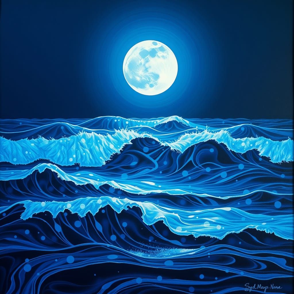 Midnight Blue Seascape with Cosmic Iridescence