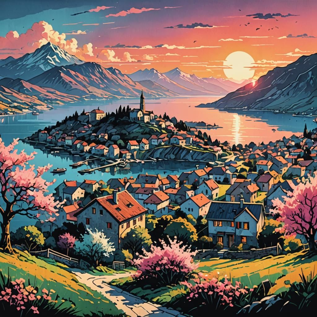 80s Retro Krk Island Village Spring Landscape