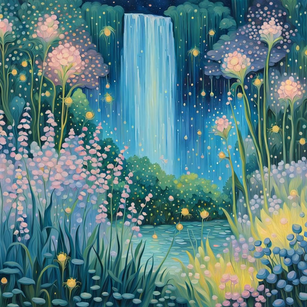 Enchanted Garden Waterfall in Impressionist Style
