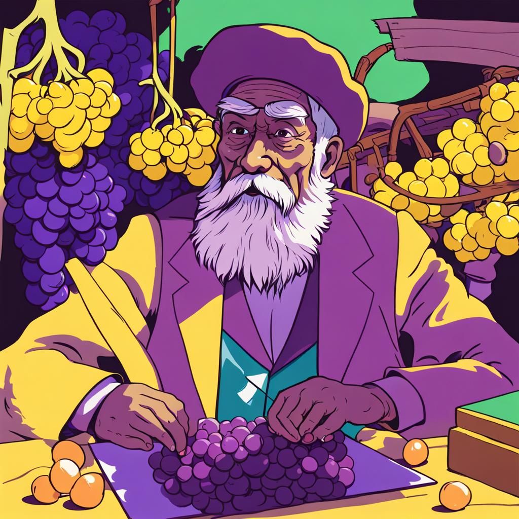 Anime Old Man with Banana Hat and Grape