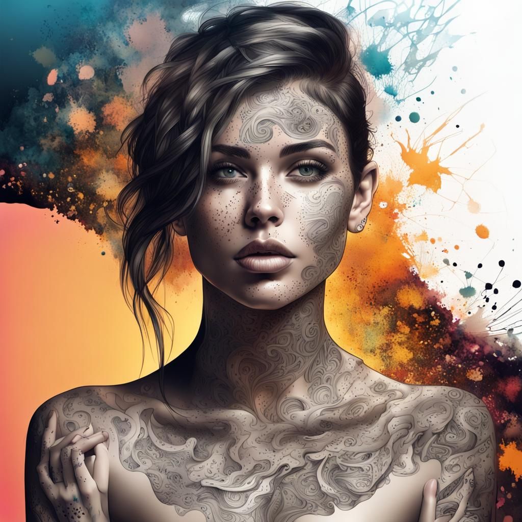 Beautiful revealing tattooed female portrait,  hyper detaile...