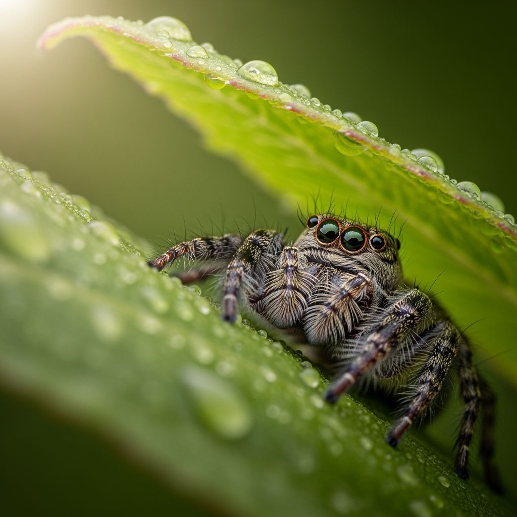 Cute Jumping Spider Peeking From Dewy Leaves