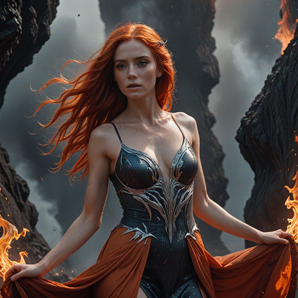 Fiery Red-Haired Maiden Dominates a Blazing Lava Landscape i...