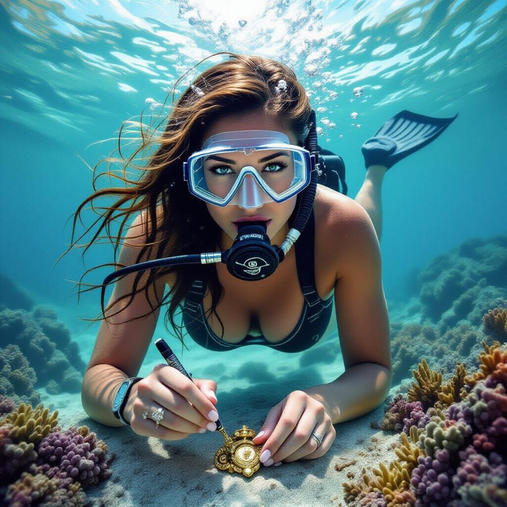 Female Diver Searches for Treasure in Deep Ocean