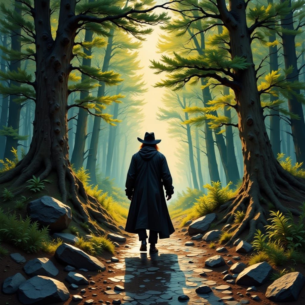 Mysterious Traveler on Forest Path as Impasto Painting