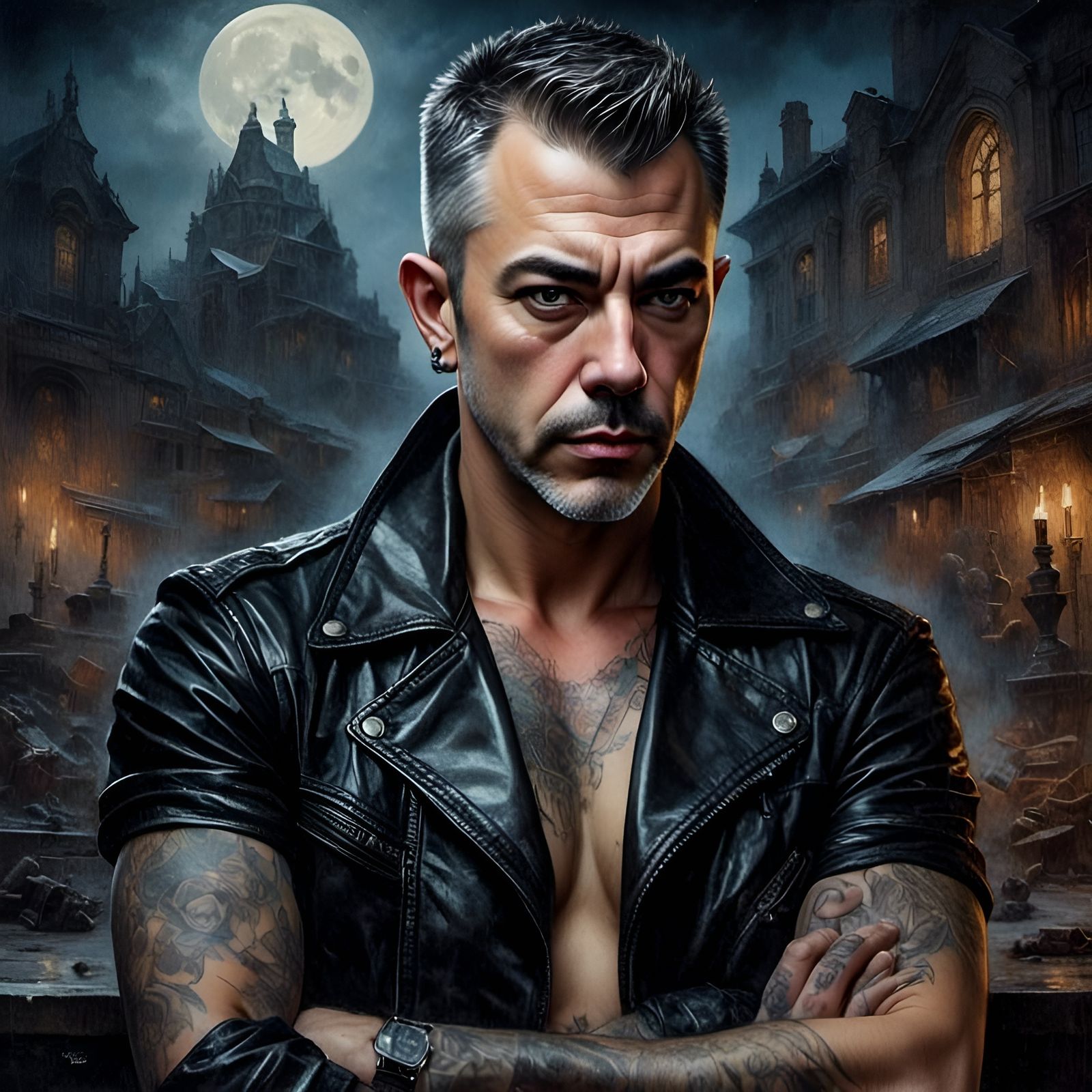 Goth Man in Graveyard Moonlight