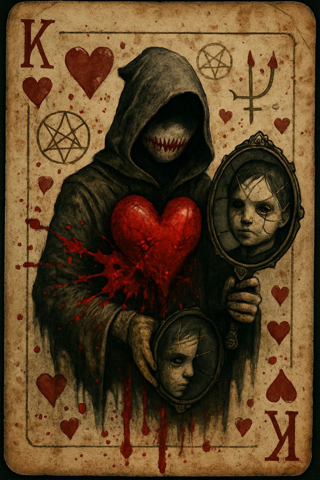 King of Hearts with Bleeding Heart and Occult Symbols