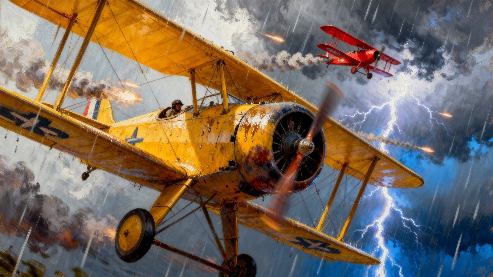 WW1 Bi-Plane Barrel Roll in Epic Stormy Sky Oil Painting