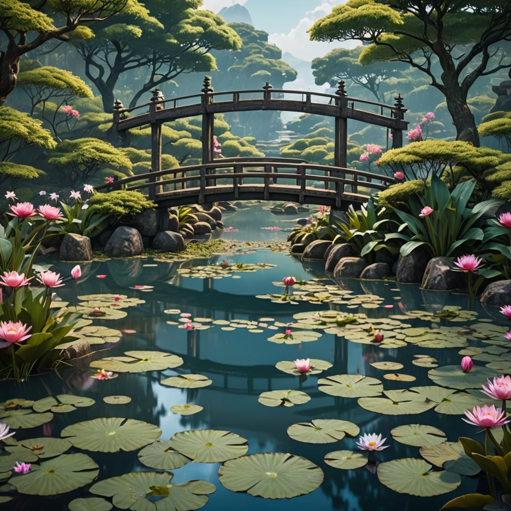 Japanese Footbridge Over Water Lilies in Detailed Painting