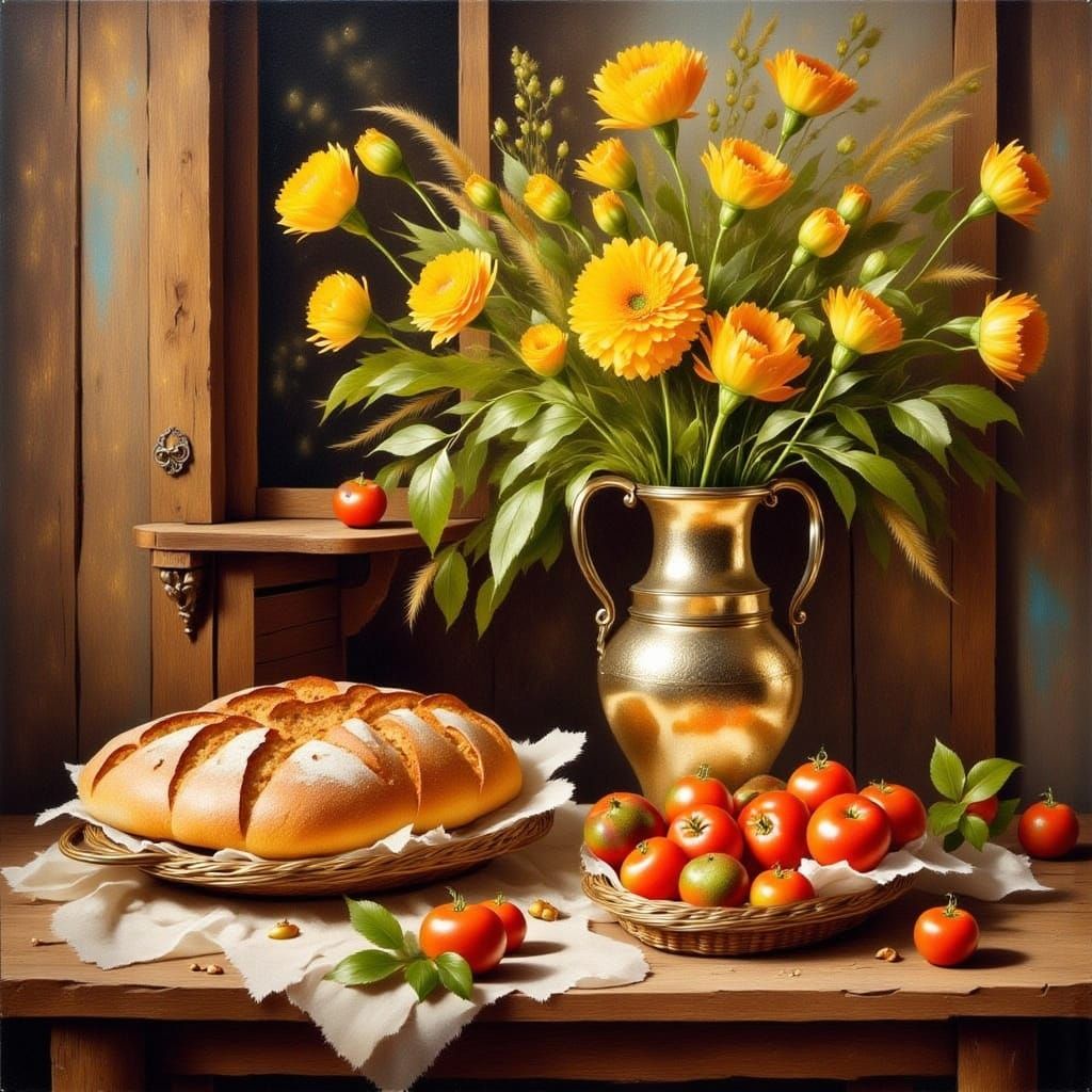 Renaissance Style Still Life: Bread, Tomatoes, and Sunshine