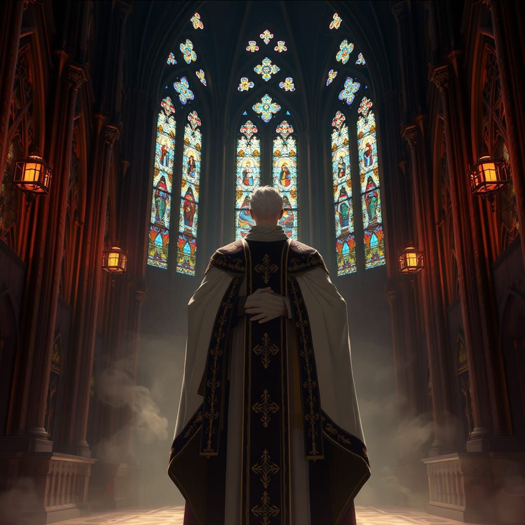 Priest in Gothic Church: Stylized 3D Art