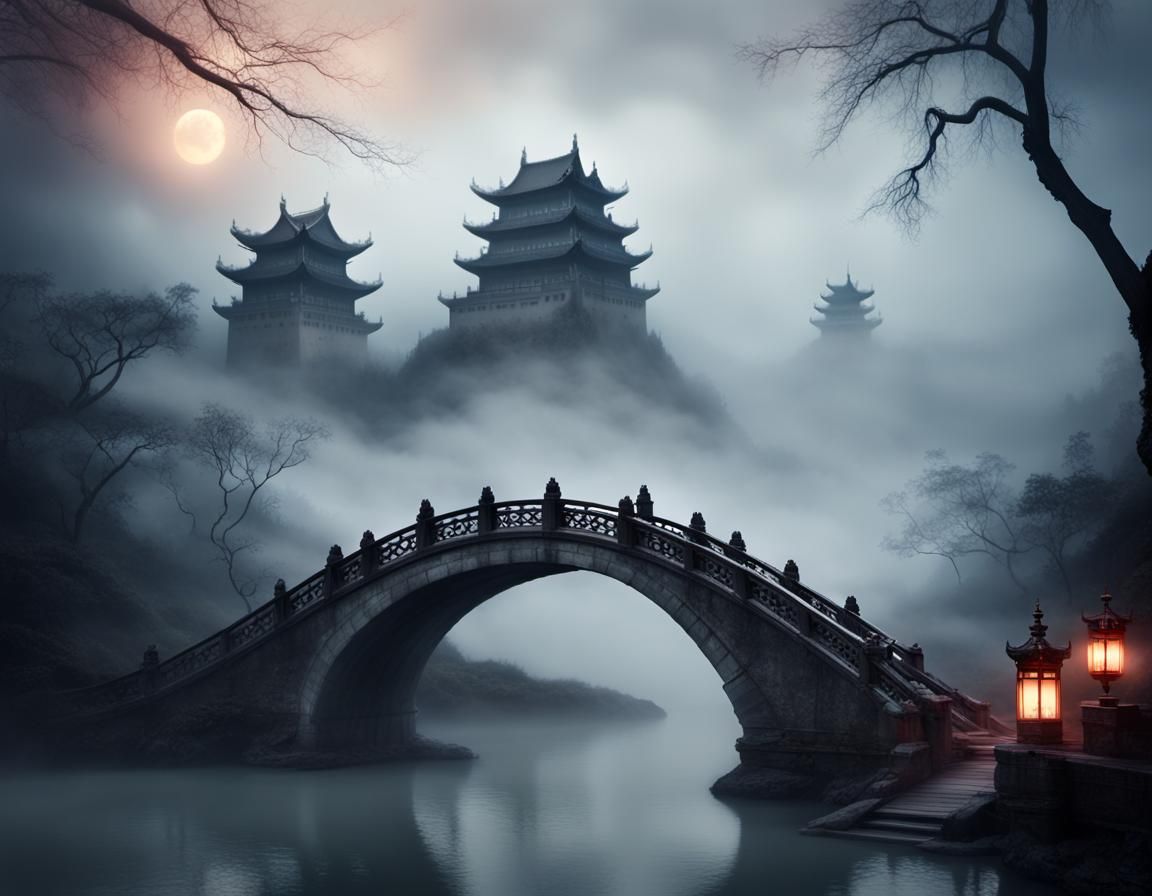 Eerie Asian Bridge to Castle in Mist