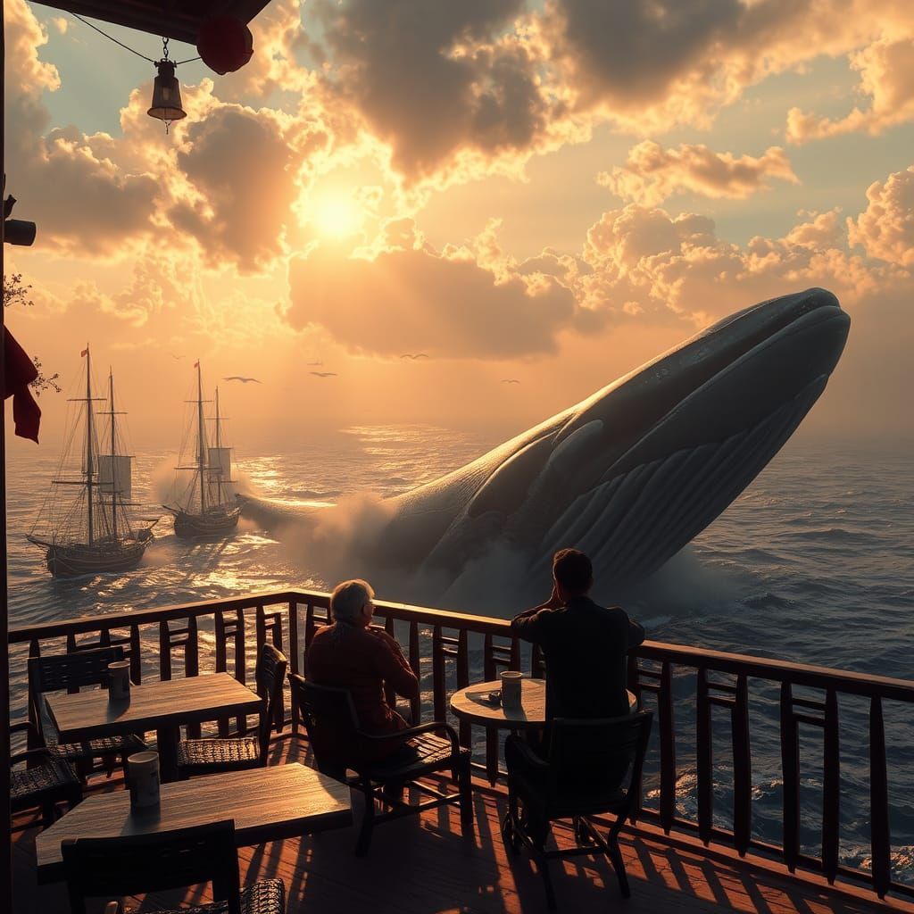 Whales Above Coffee Shop with Sailing Ships