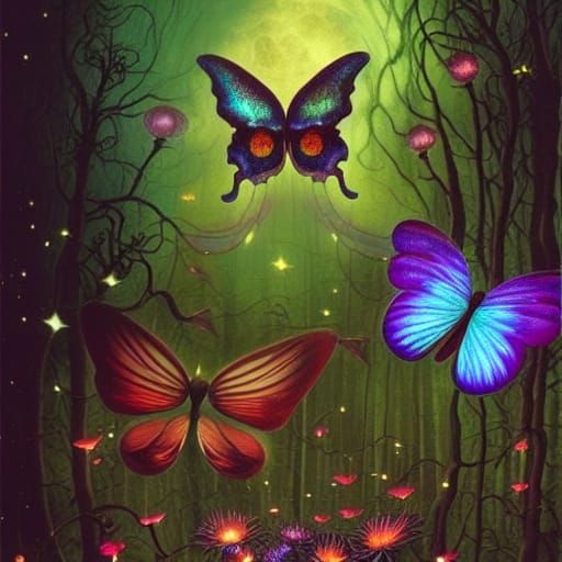 Glowing Butterfly in Magical Forest, Surreal Art