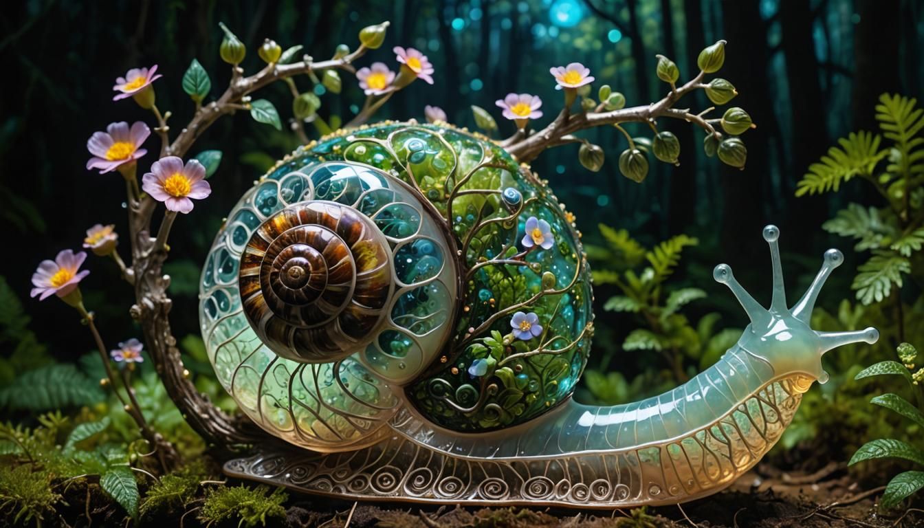Bioluminescent Flowers in Glass Snail Shell: 3D Anime Art