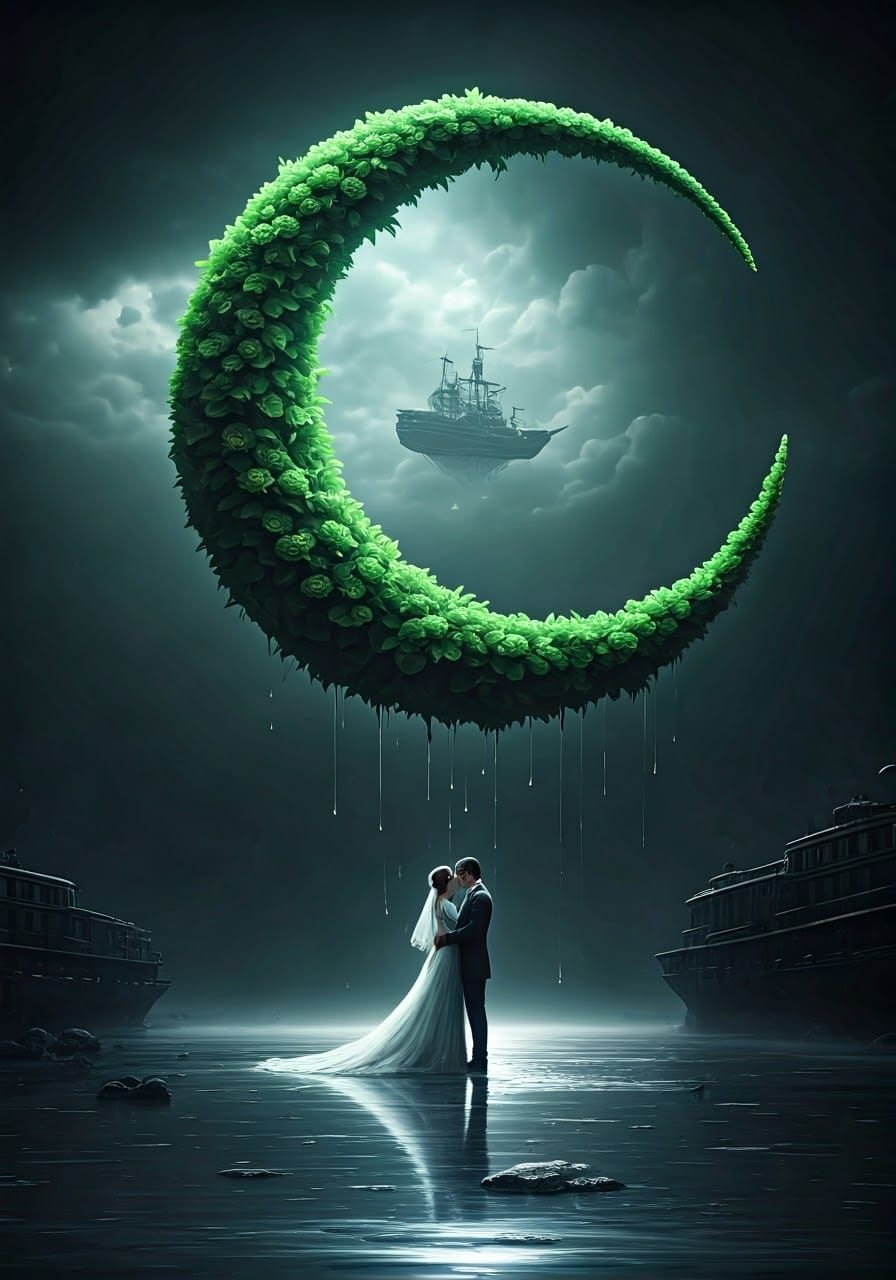 Green Floral Moon Before Space Pirate Ship