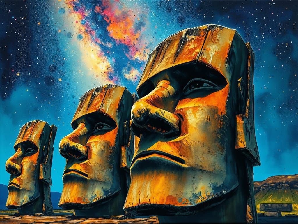 Moai Statues on Easter Island in Acrylic Ink Style