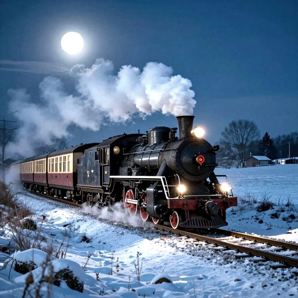 Steam Train Journey Through Moonlit Winter Night