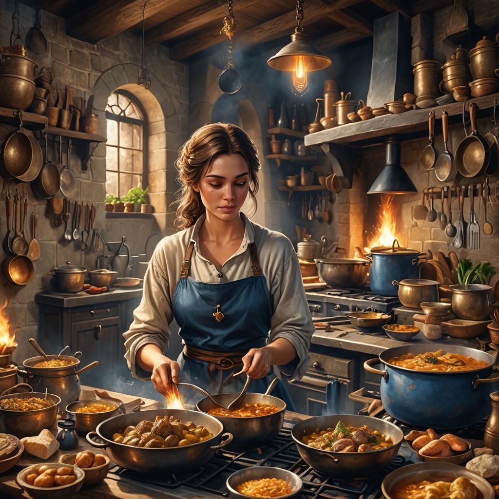 Medieval Kitchen Scene in Fantasy Realism Style