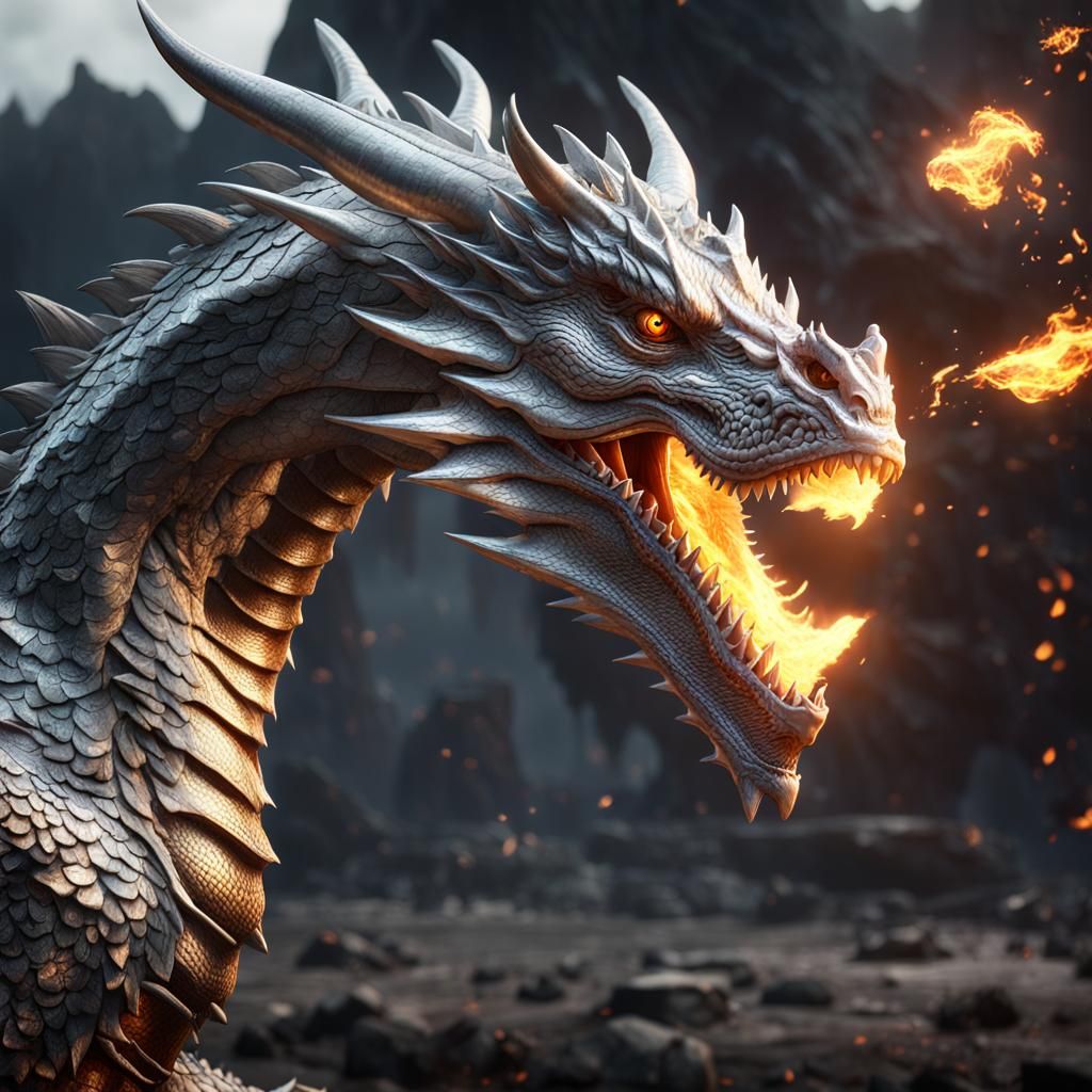 Silver Fire-Breathing Dragon in 3D Cinematic Style